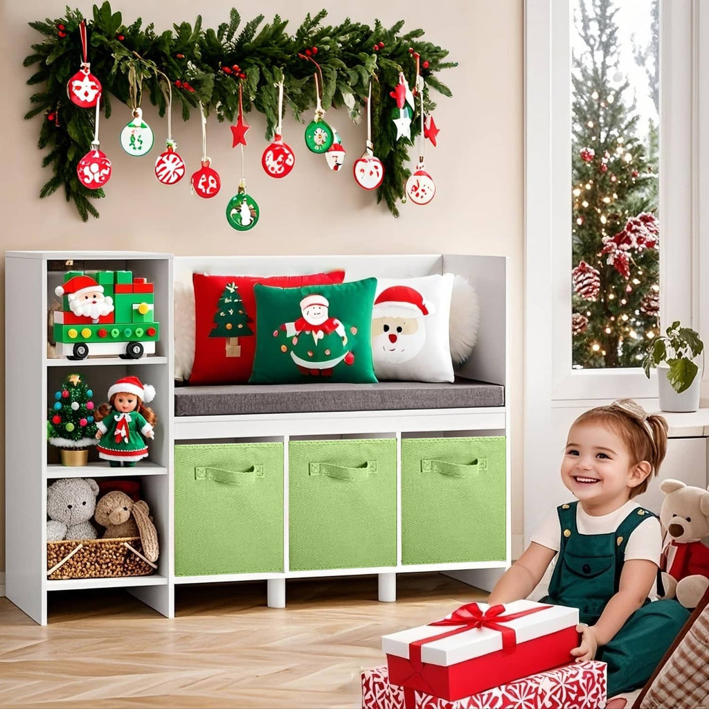 Green fabric storage cube with front pull handle, shown on a shelving organizer