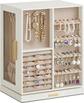 White 360° rotating jewelry box with open sections for necklaces, bracelets, earrings