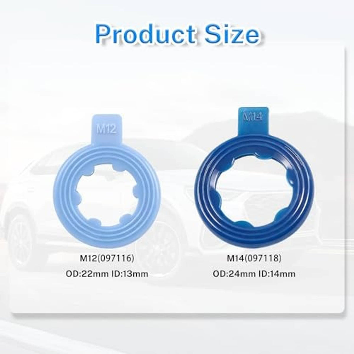 Two blue nylon ribbed drain plug gasket sizes, M12 and M14 rings