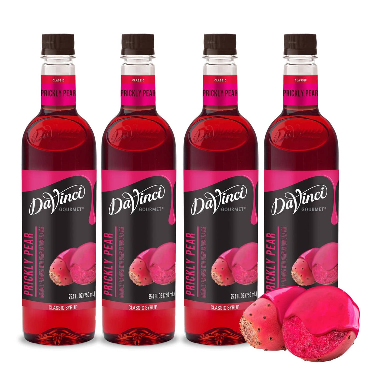 DaVinci Gourmet prickly pear syrup 4-pack bottles with prickly pear fruit