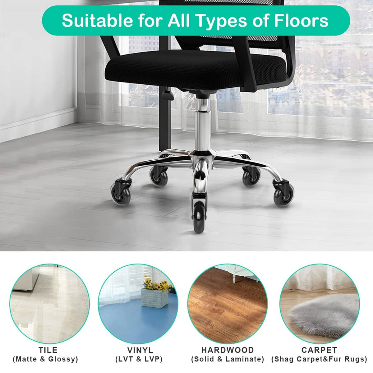 Office chair on black caster wheels for rolling across indoor floors