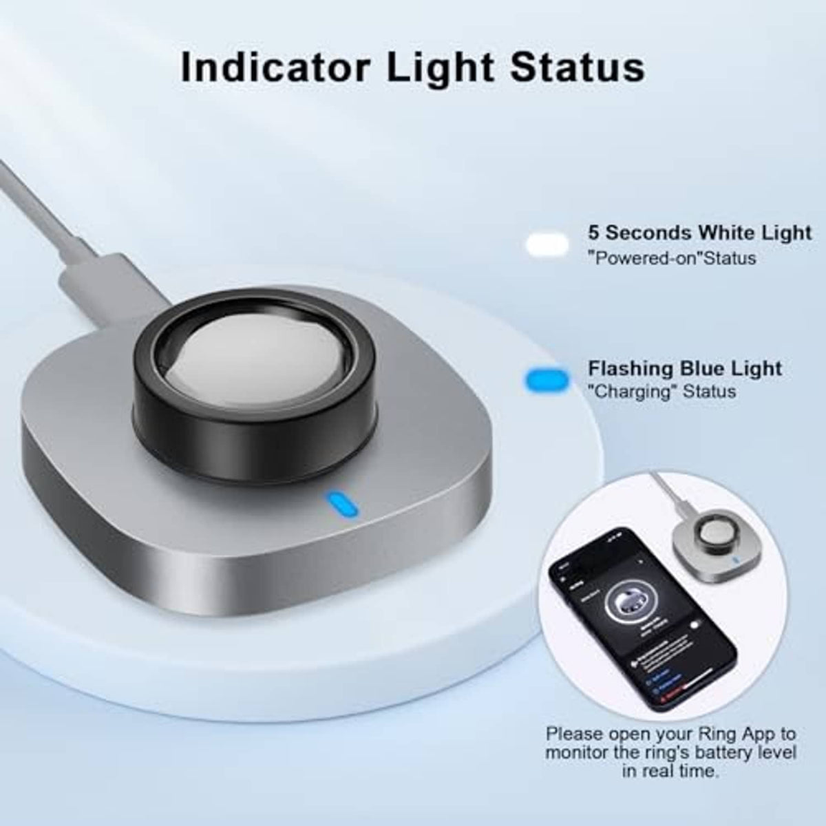 Charging dock with black ring, gray base, and blue LED status light, USB-C cable