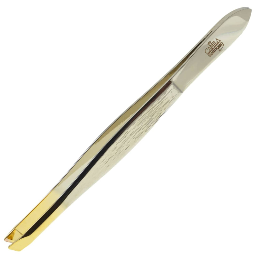 3.5 in slanted eyebrow tweezers with gold-tipped carbon steel tips