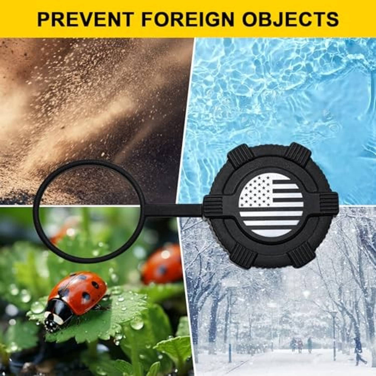 Black fuel filler dust cover with US flag emblem shown blocking debris and water