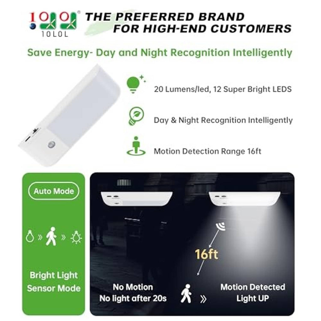 White LED motion-sensor light bar with auto mode and motion-detection icons.