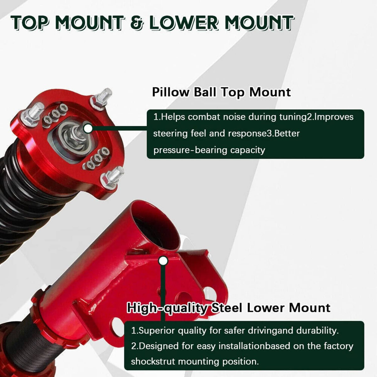 Coilover top and lower mount detail with red shock body and black spring