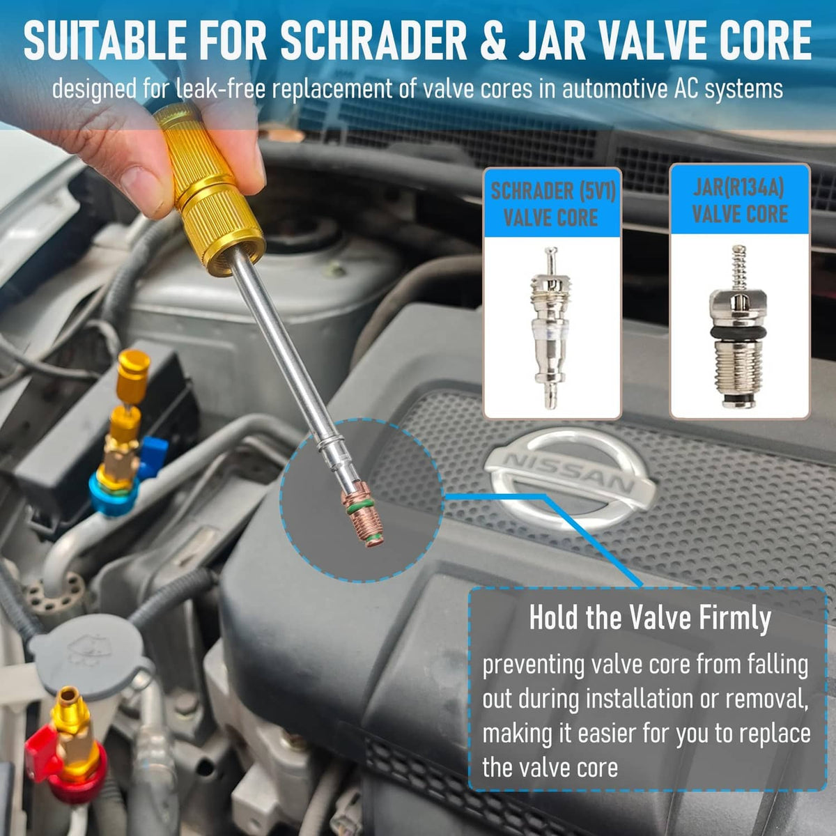 Brass valve core removal tool inserted into an AC valve port near the engine bay