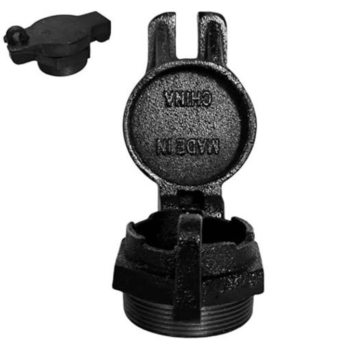 Black flip-top diesel fuel fill cap with circular stamped marking and threaded base