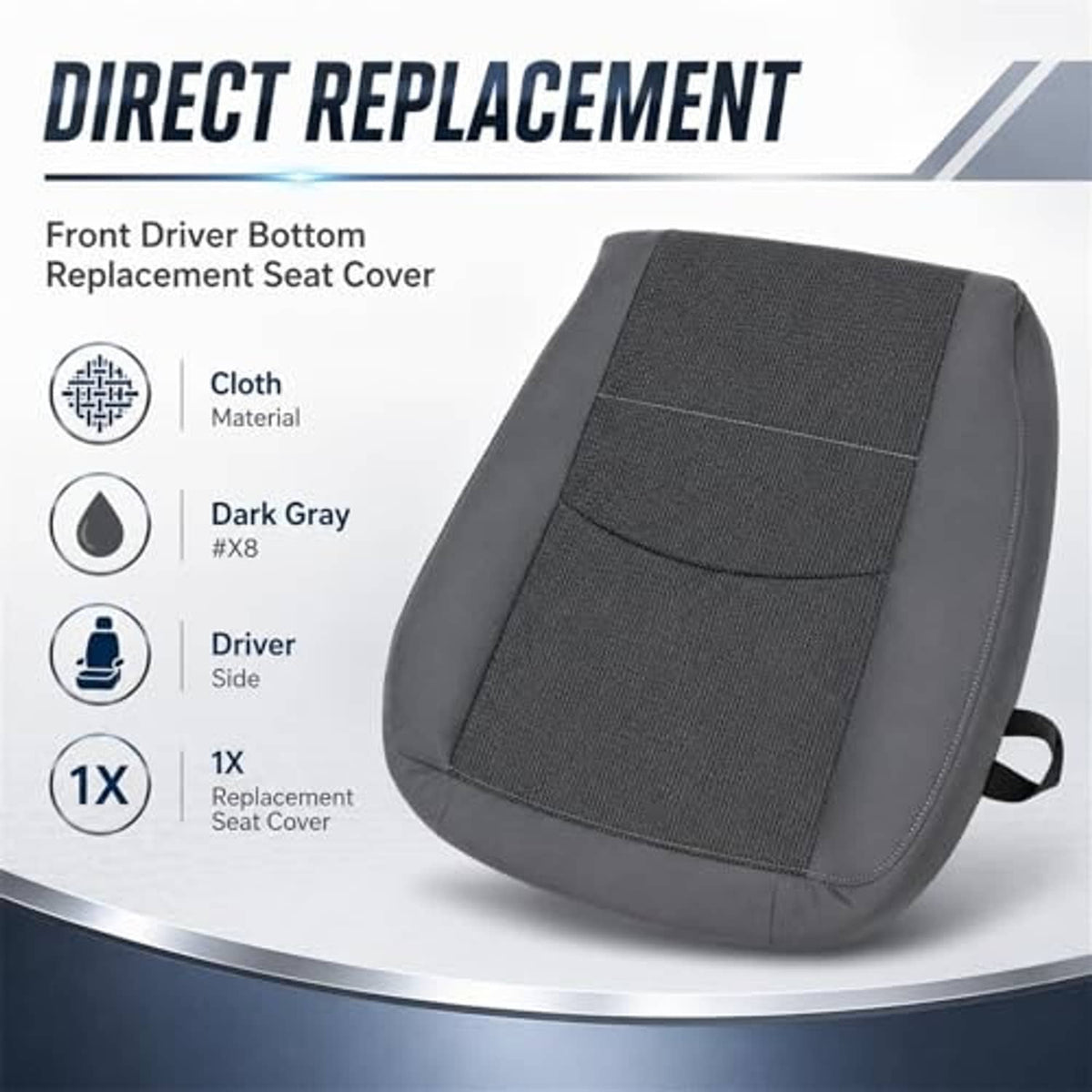 Dark gray cloth seat bottom replacement cover with rectangular stitched panel and handle.