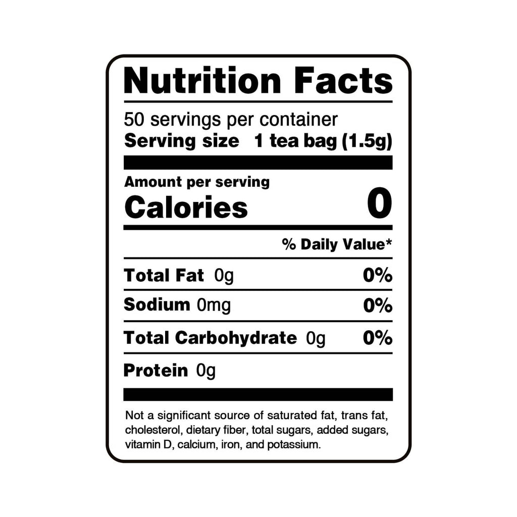 Nutrition Facts label for peppermint tea bags, 50 servings, 0 calories