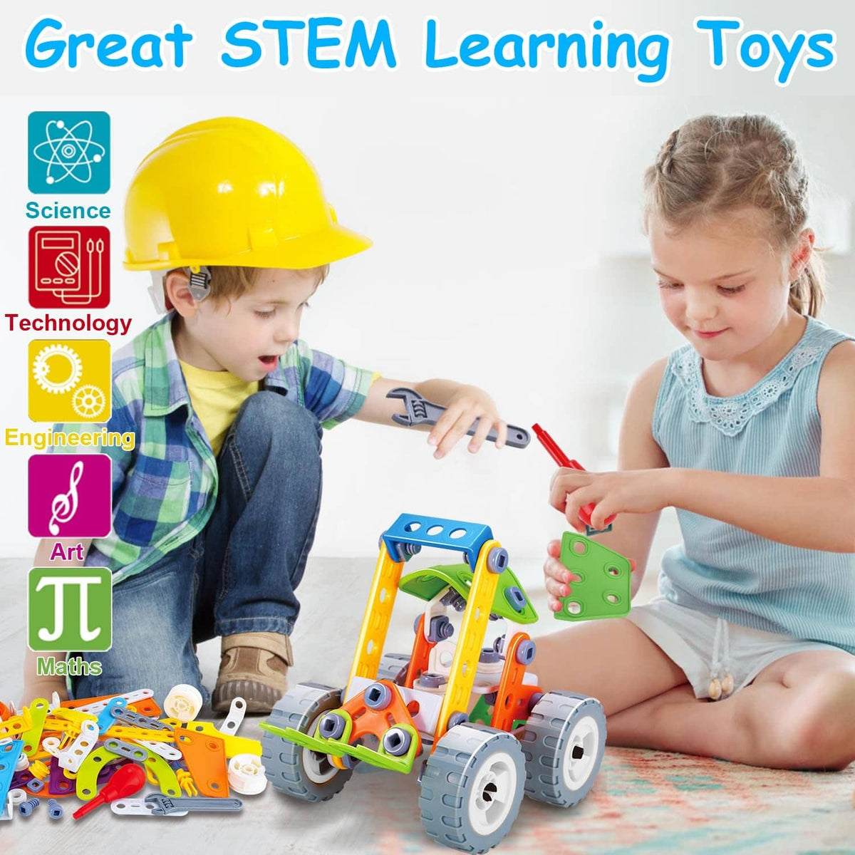 Multicolor 10-in-1 STEM building toy with frame, gears, and connector pieces