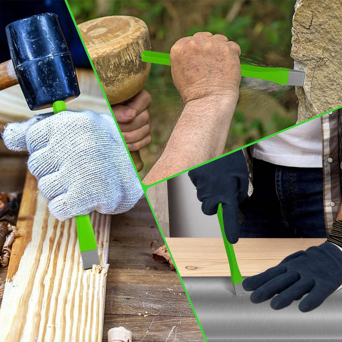 Green cold chisels applied to wood and metal surfaces with protective gloves