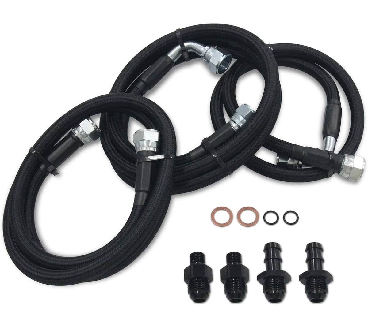Black braided hose set with silver couplers, hex fittings, and O-rings, coiled