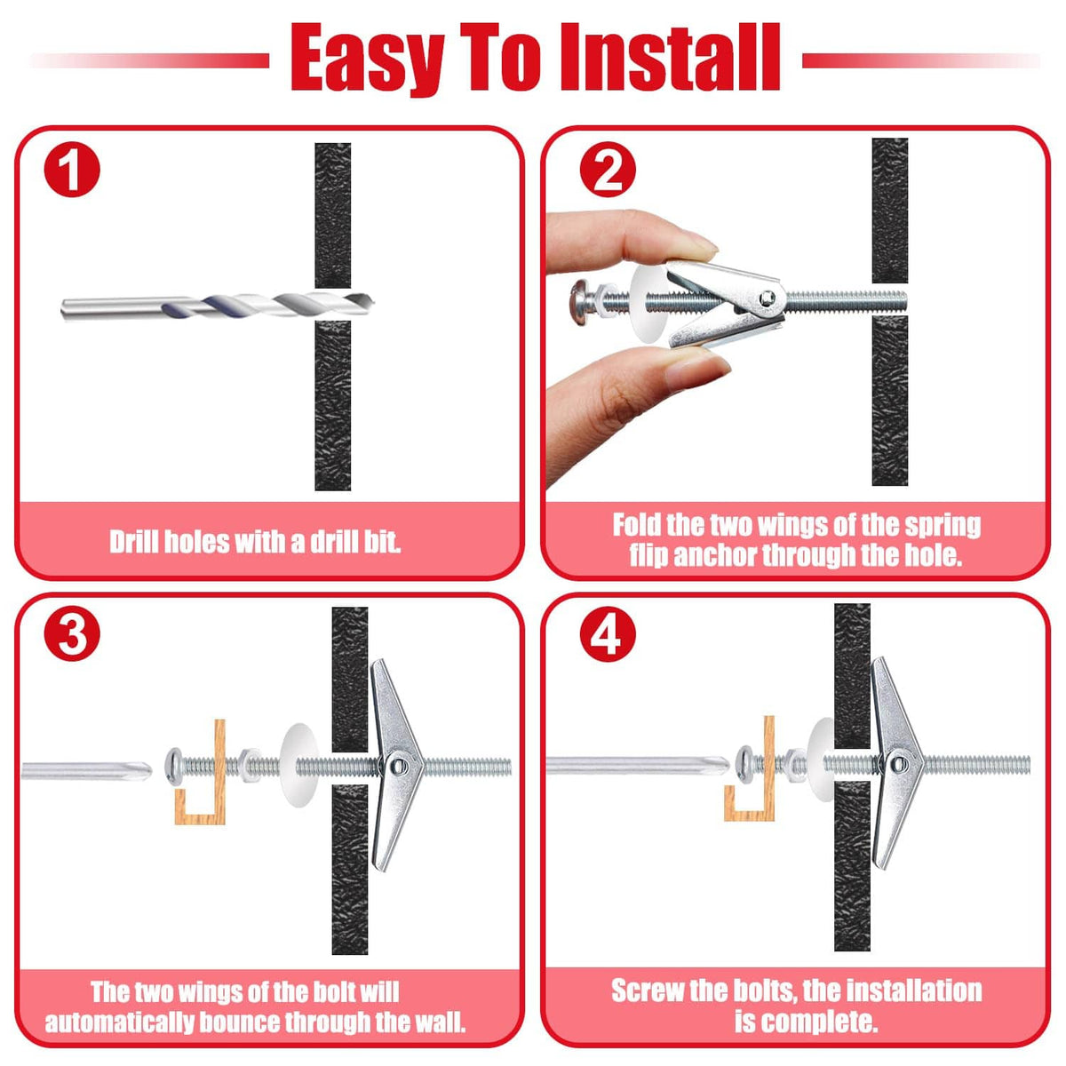 Toggle bolt installation steps showing drilling and inserting folded wing anchors