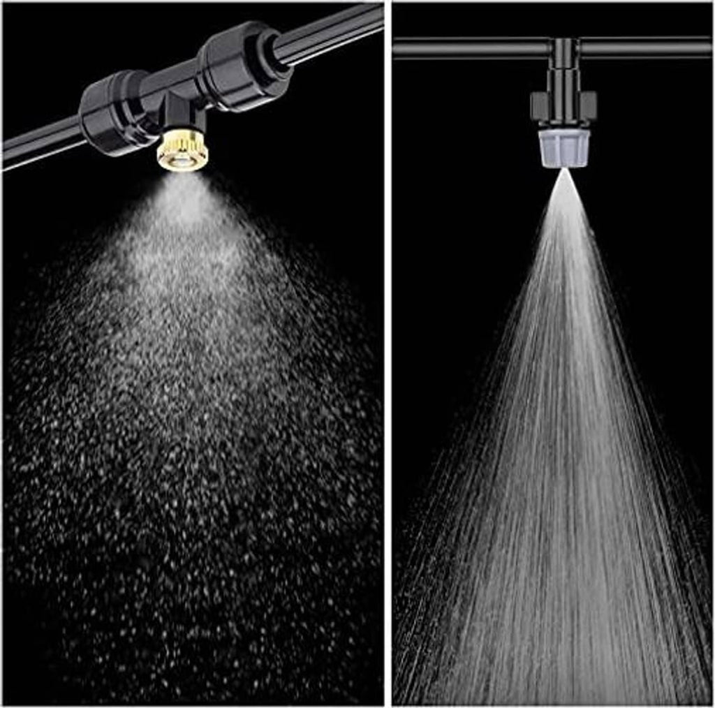 Brass misting nozzle releasing fine fan-shaped water spray