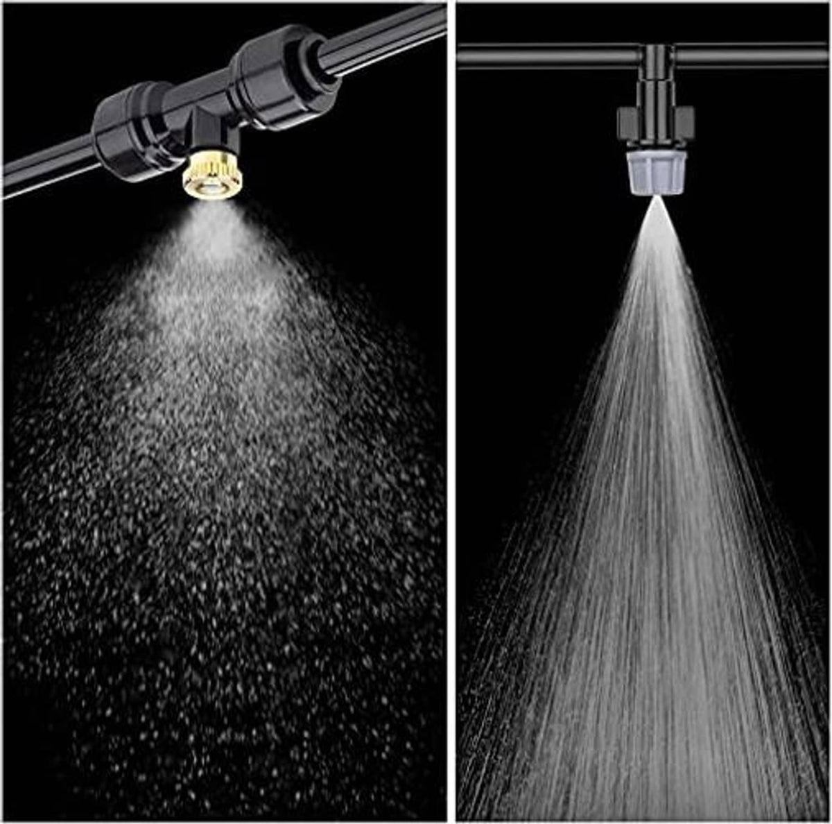Brass misting nozzle releasing fine fan-shaped water spray