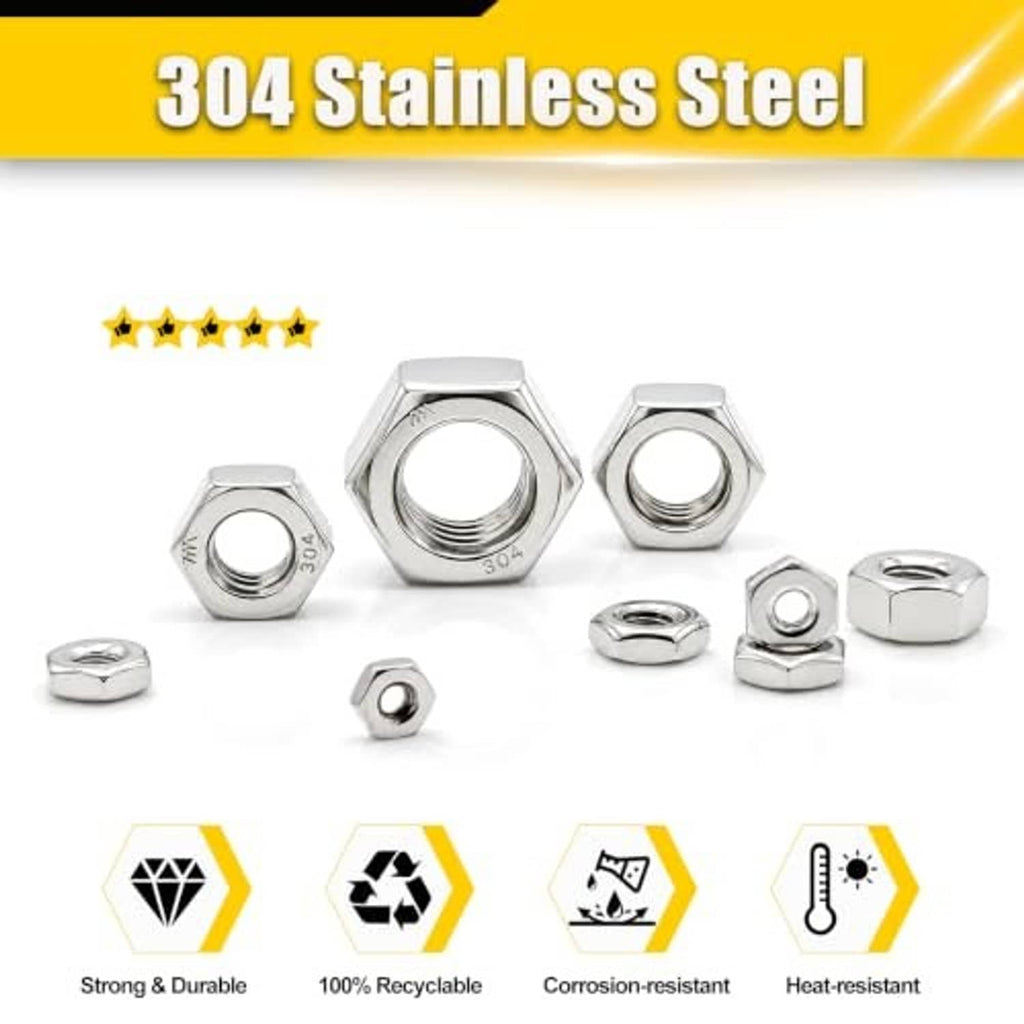 304 stainless steel hex nuts assortment, several chrome-finished nuts shown