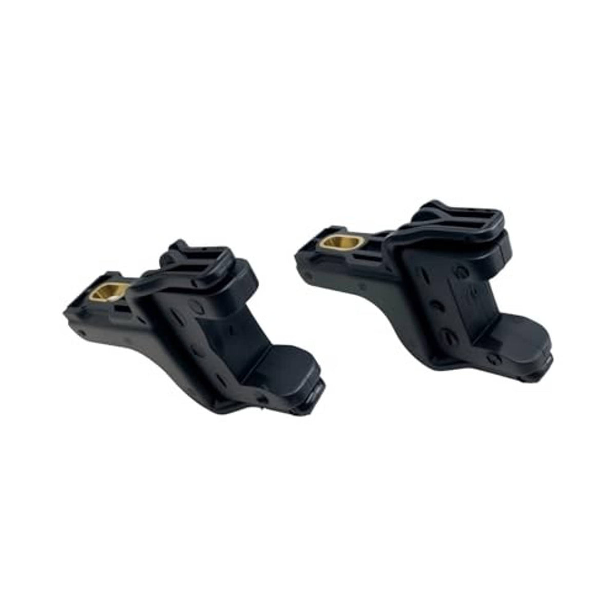Set of 2 upper radiator bracket insulator clips, black plastic with gold/yellow connector tips