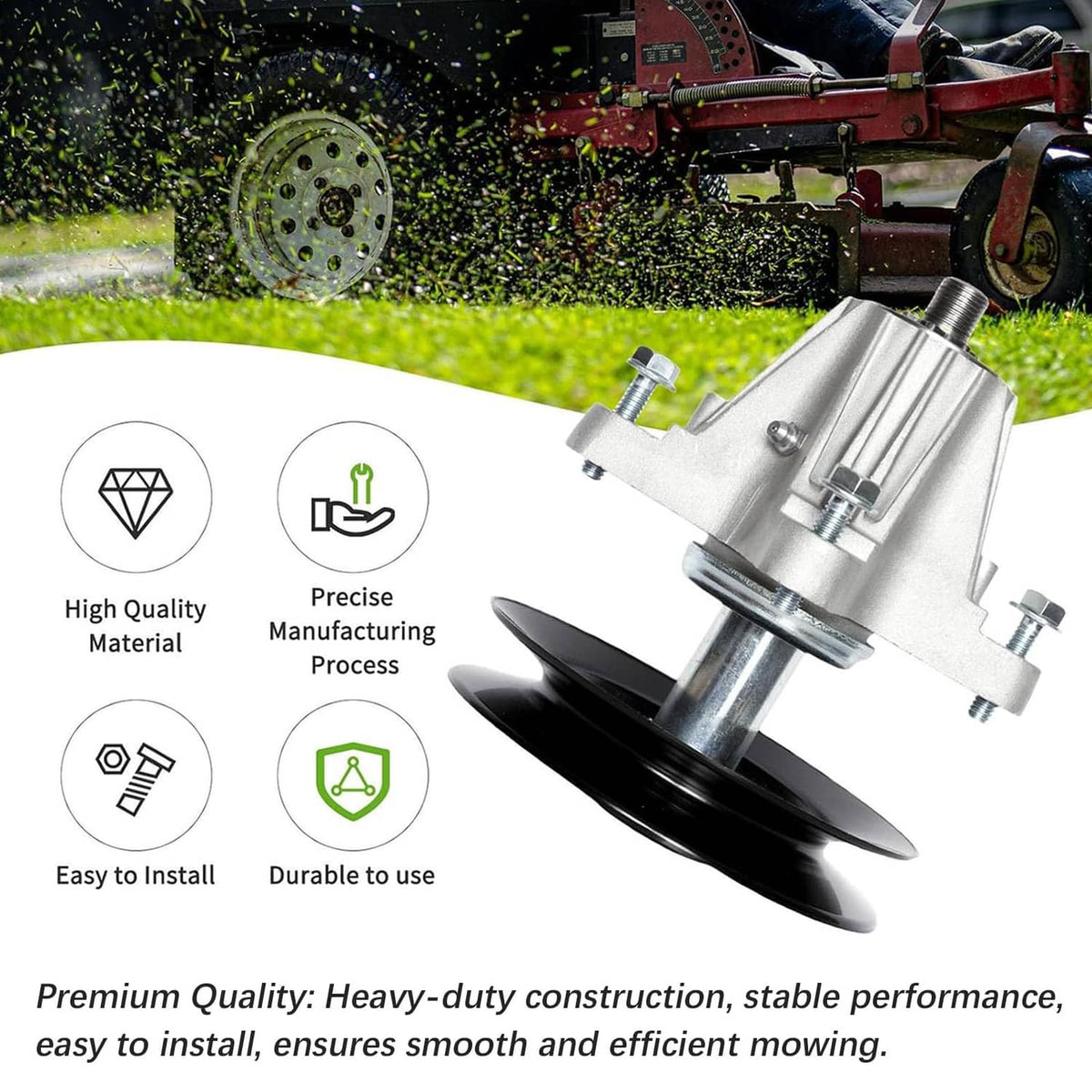 Mower deck spindle assembly with black pulley wheel shown during lawn mowing