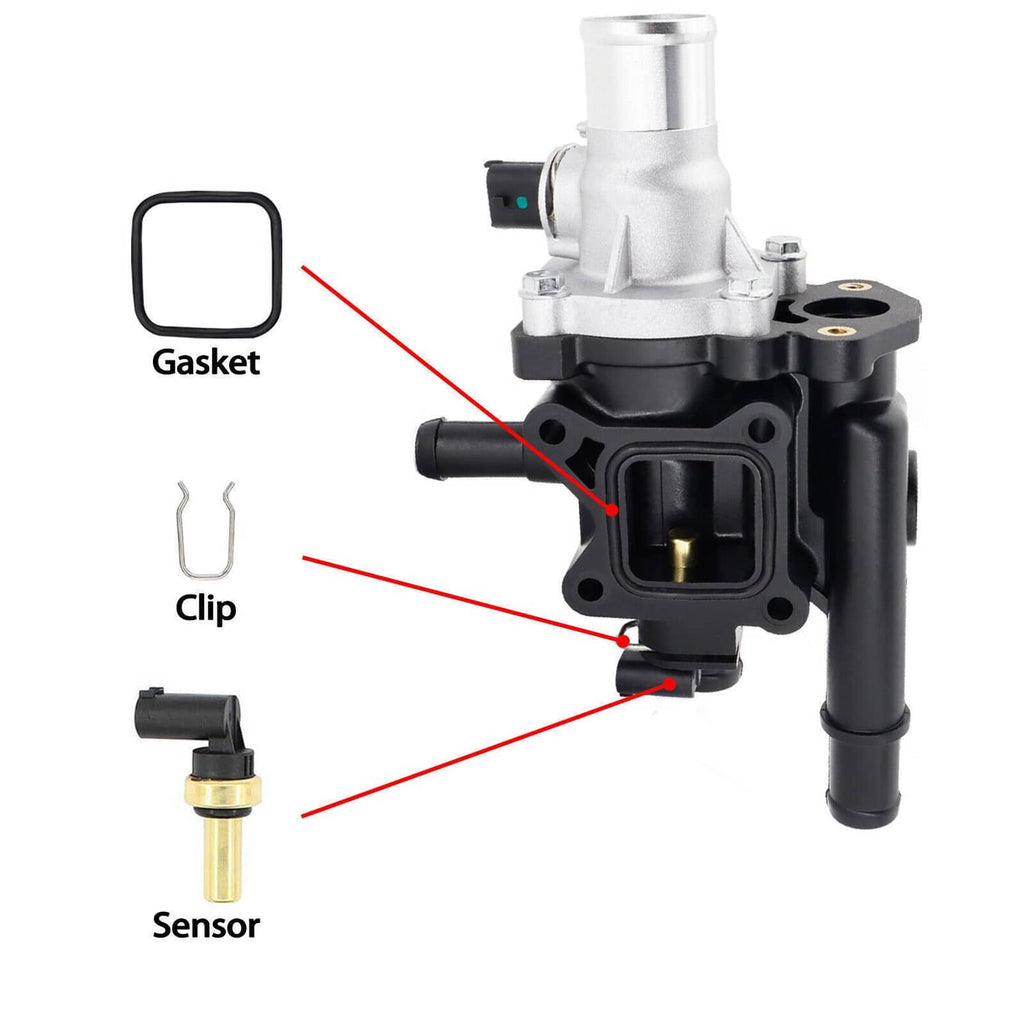Thermostat water outlet assembly with sensor, gasket and mounting clip