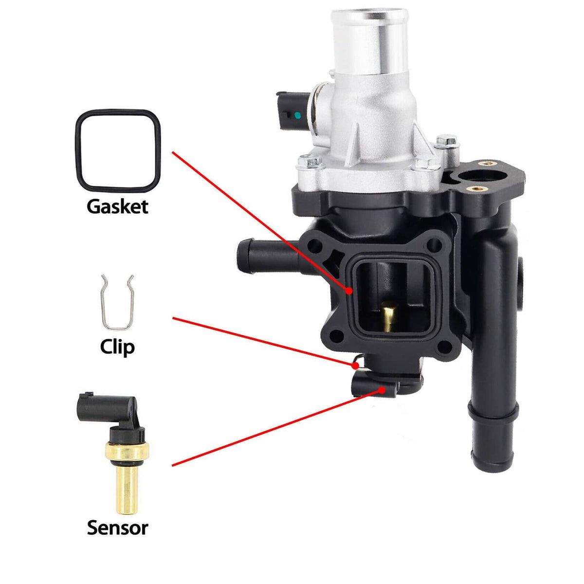 Thermostat water outlet assembly with sensor, gasket and mounting clip