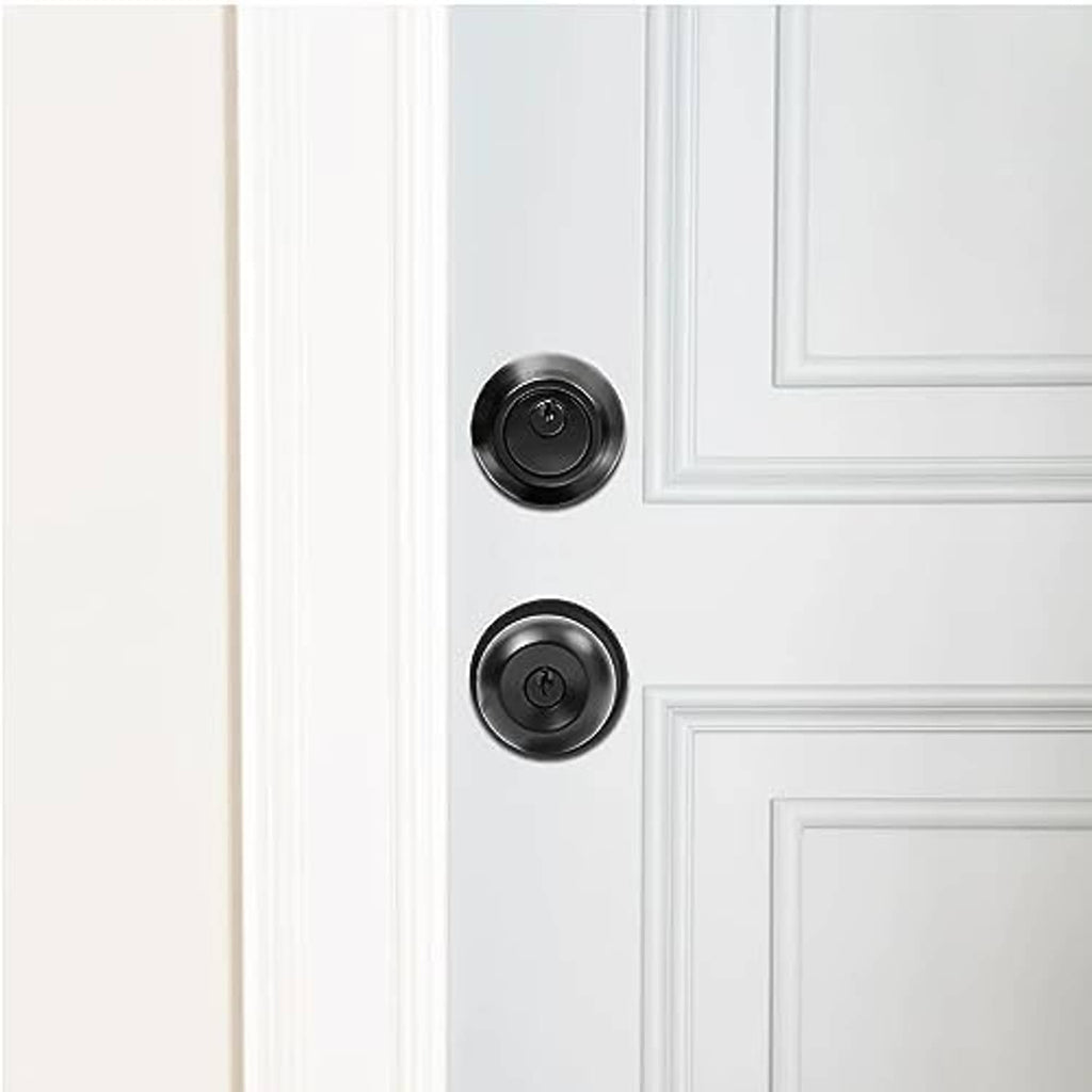 Matte black deadbolt and keyed knob installed on a white exterior door