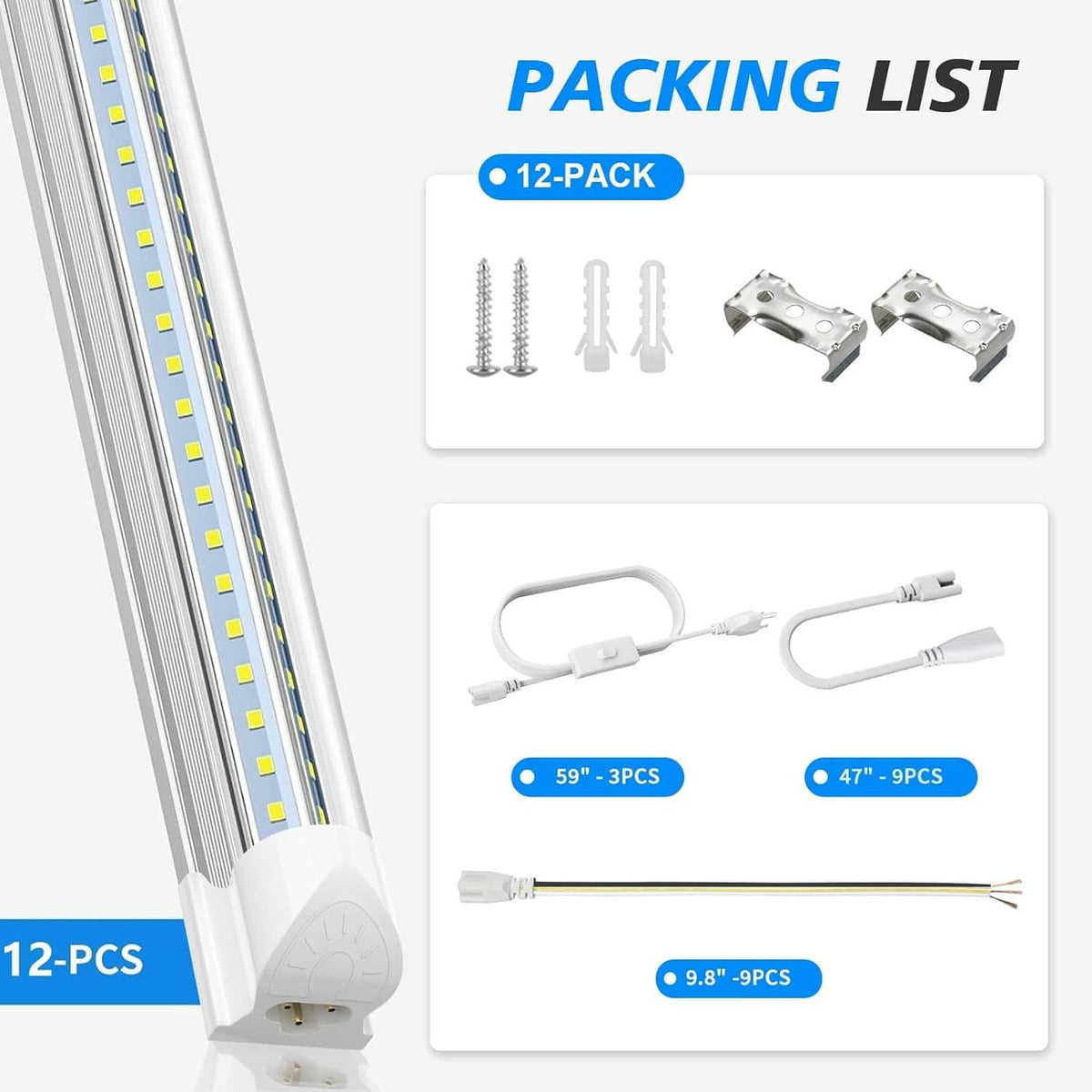LED shop light fixture showing package contents and included mounting parts