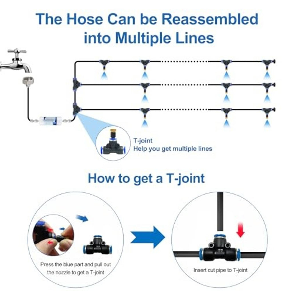 Misting hose T-joints for reassembling into multiple parallel spray lines with connectors