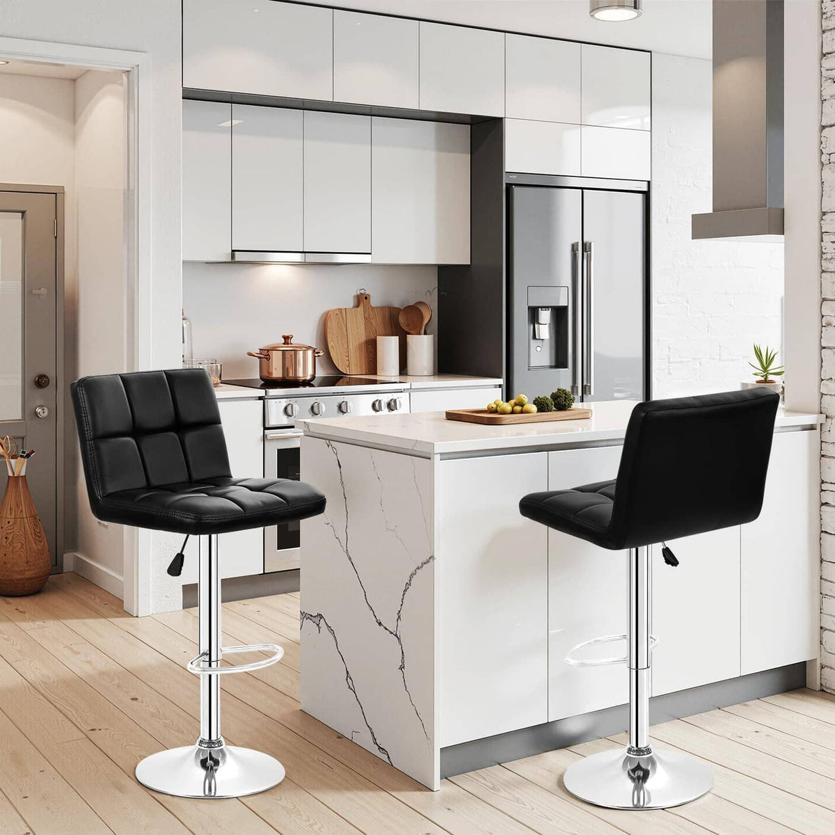 Set of 2 black PU leather swivel bar stools with padded back and chrome base.