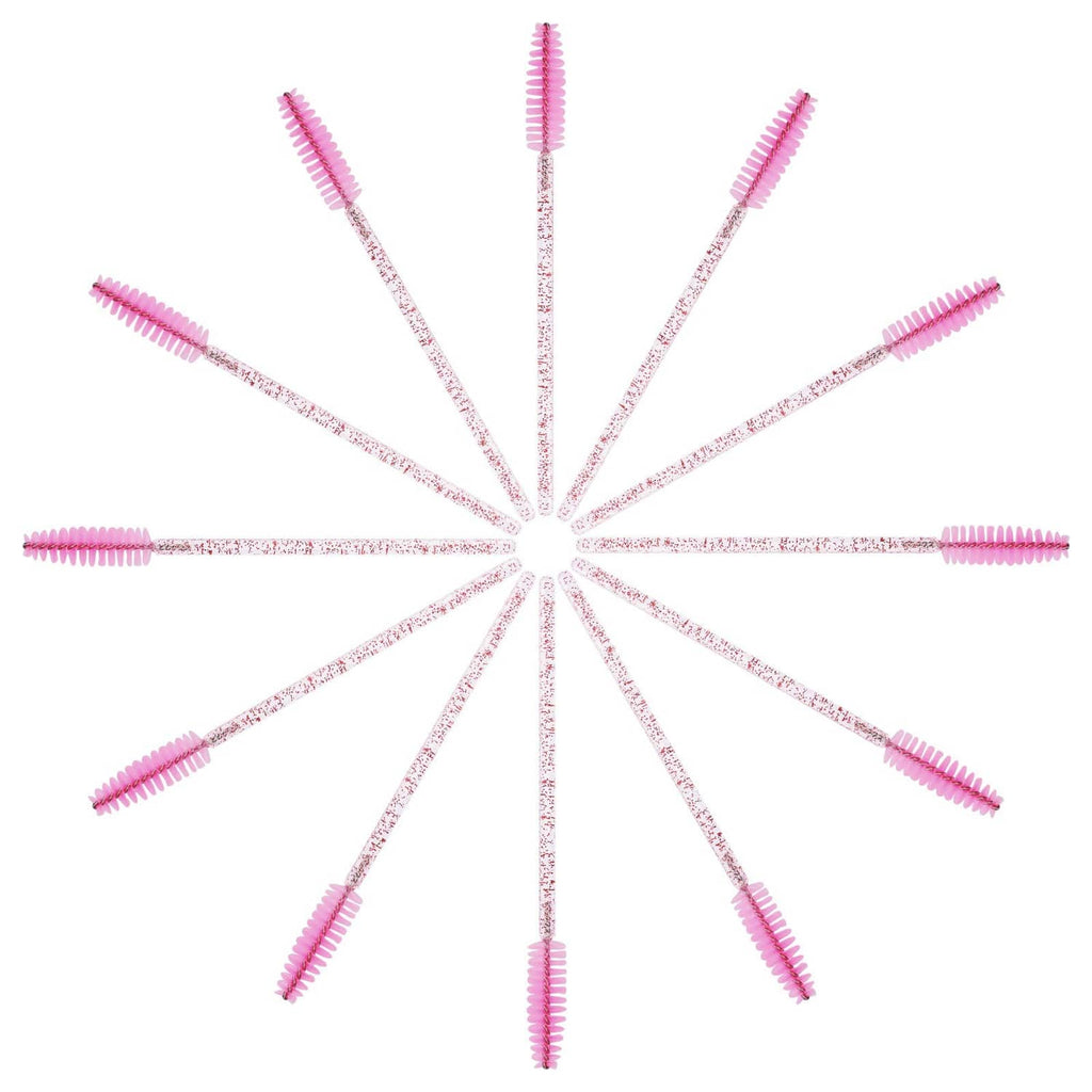 Fan of disposable eyelash mascara wands with glitter handles and pink spiral bristles