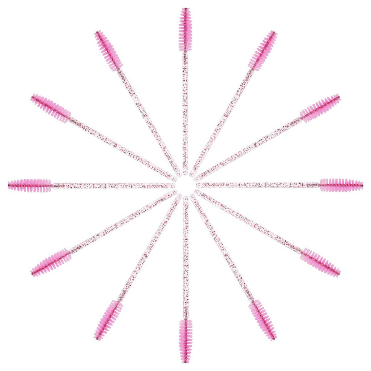 Fan of disposable eyelash mascara wands with glitter handles and pink spiral bristles
