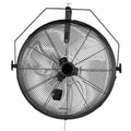 Industrial wall-mount fan with black wire grille and three-blade propeller