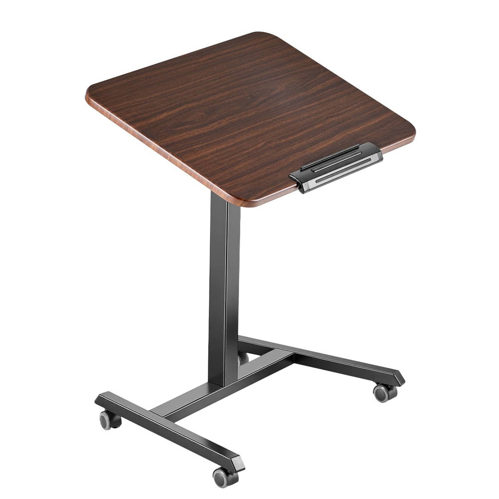 Adjustable height standing desk with dark wood tilting top, metal base and caster wheels