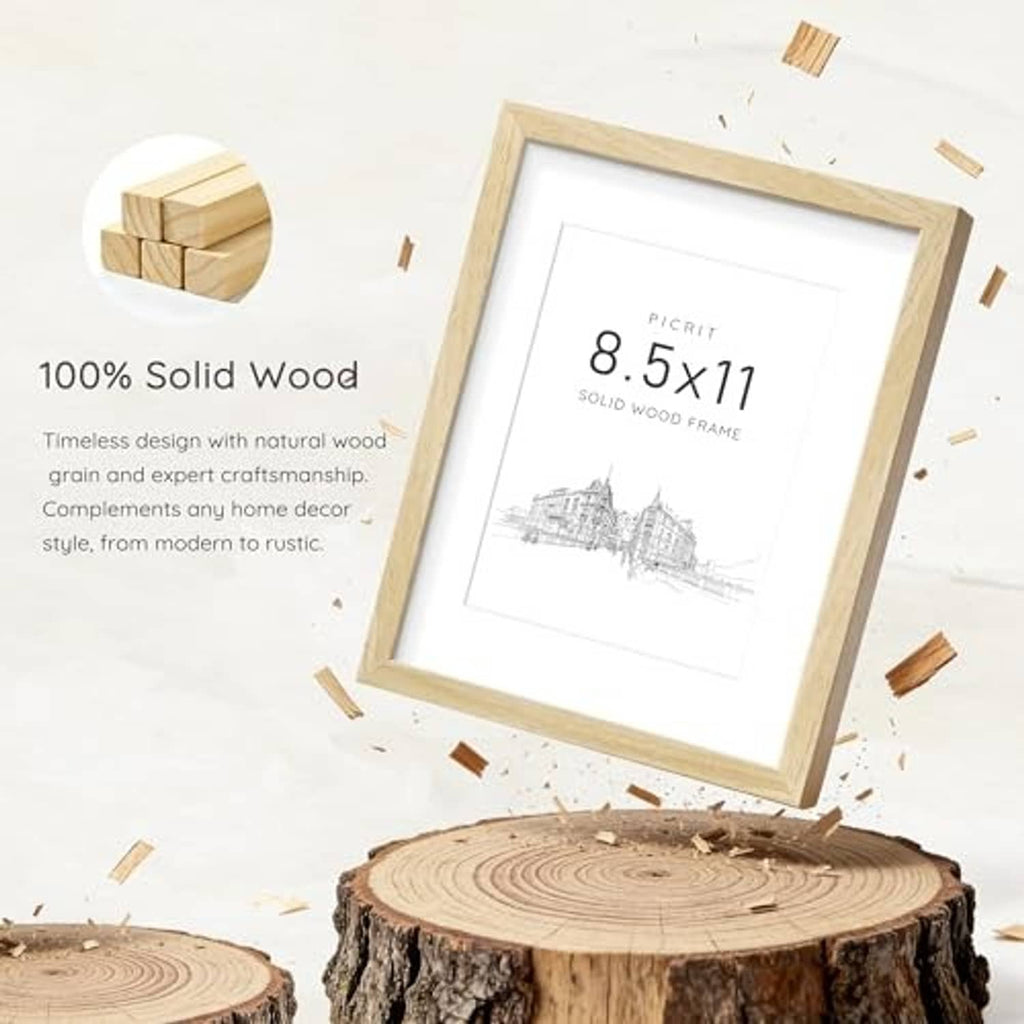 Natural oak solid wood 8.5x11 picture frame with protective clear cover and mat.