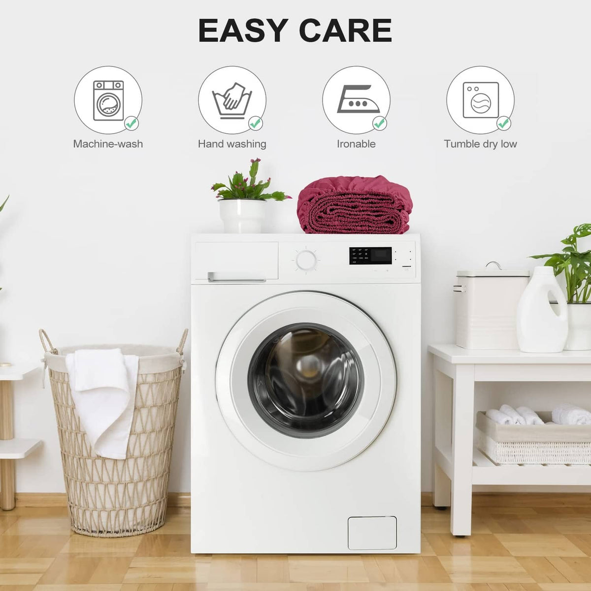Burgundy fitted sheet with easy-care washing guidance: machine wash, hand wash, low dry