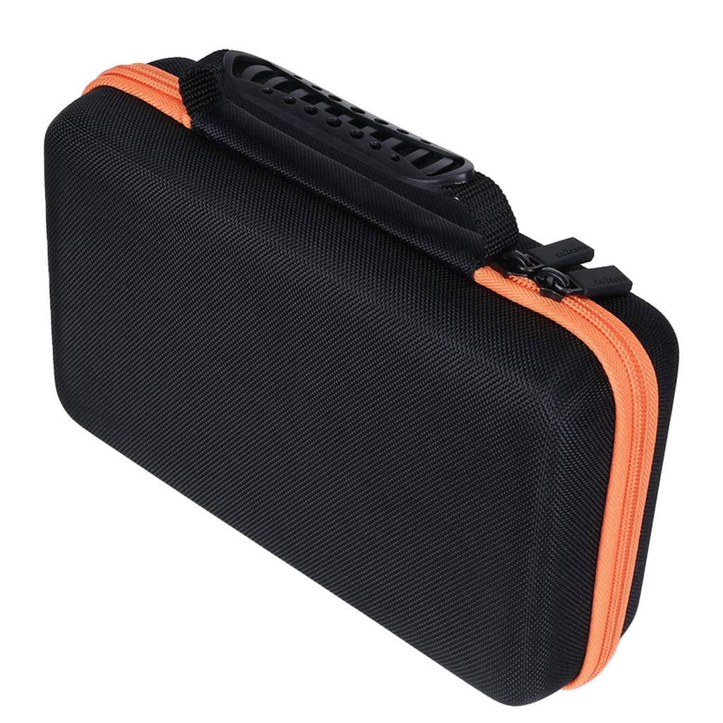 Black hard tool case with orange edge trim and zip pocket detail