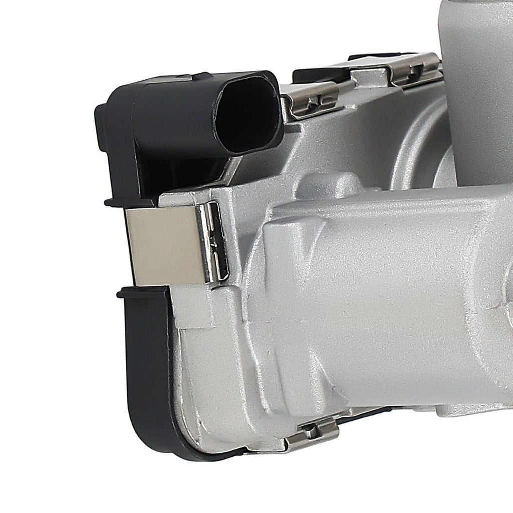 Electronic throttle body side view with black connector and silver metal casing
