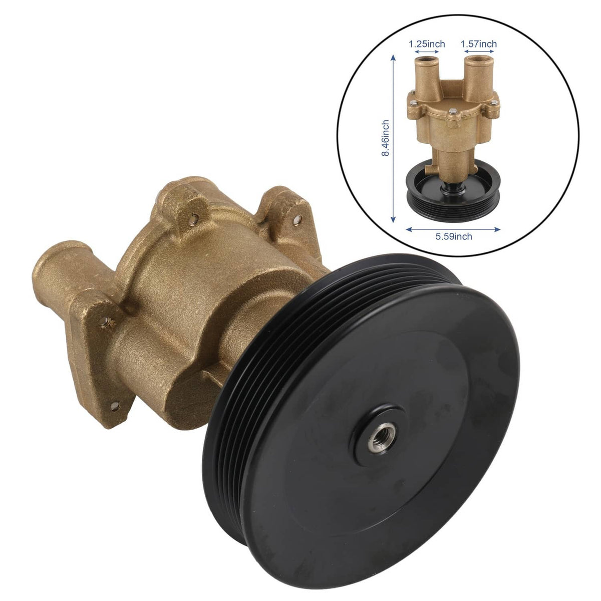 Marine raw water pump with black pulley and brass housing, side view