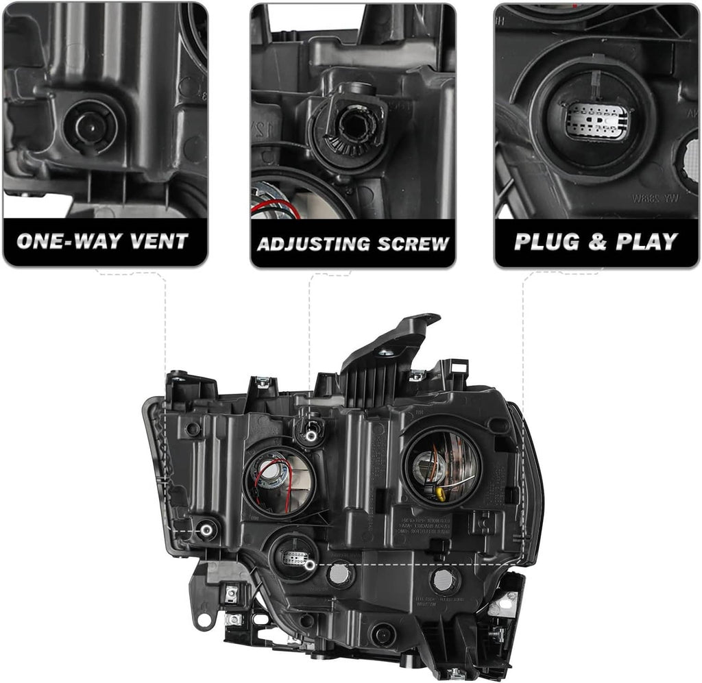 Black headlight housing with adjusting screw and plug connector detail for right side