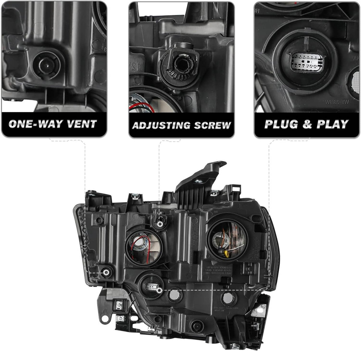 Black headlight housing with adjusting screw and plug connector detail for right side