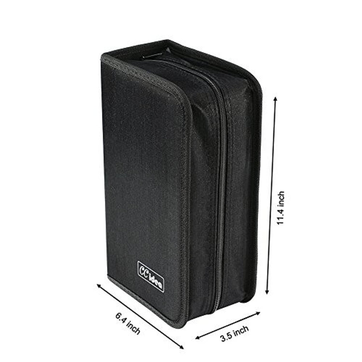 Black CD/DVD storage case with side zipper and logo patch; side view