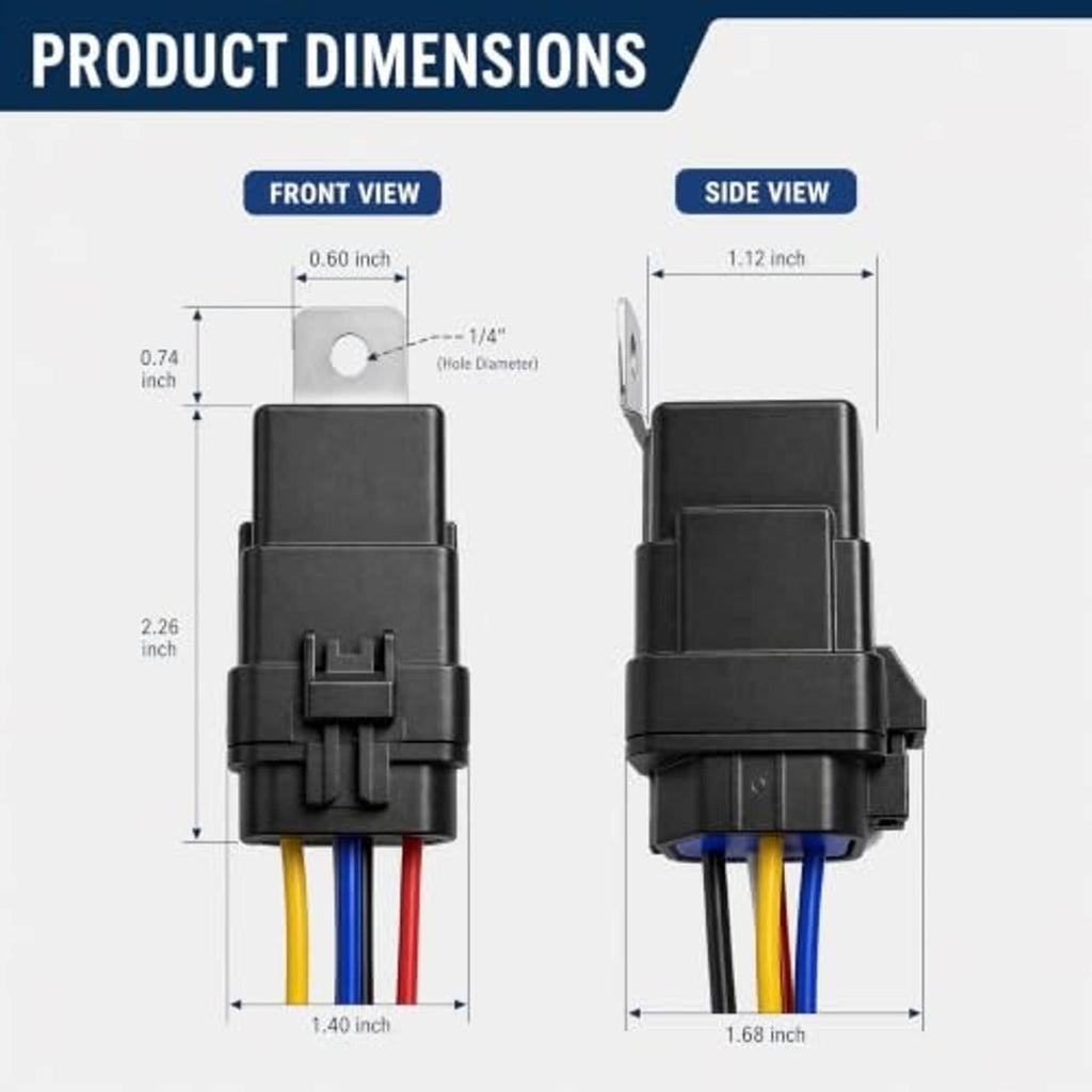 Black 5-pin automotive relay showing front and side dimension views