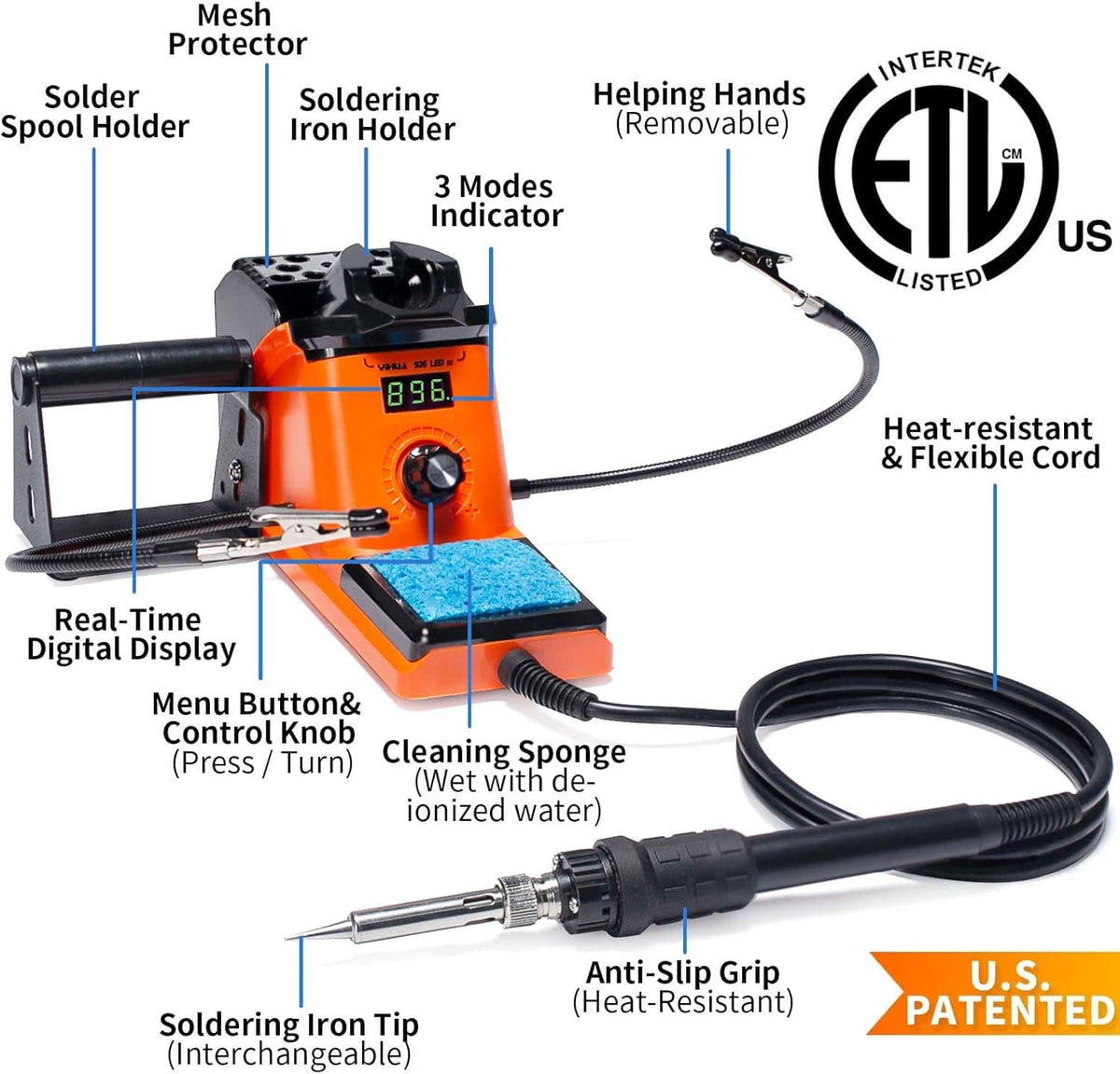 Orange digital soldering iron station with display, cleaning sponge, helping hands arms, iron