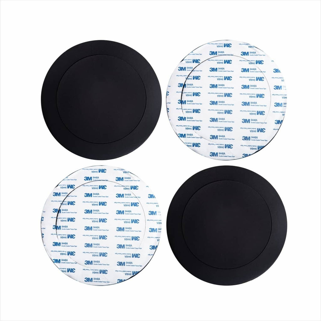 Four black round speaker foam rings with white adhesive backing pads