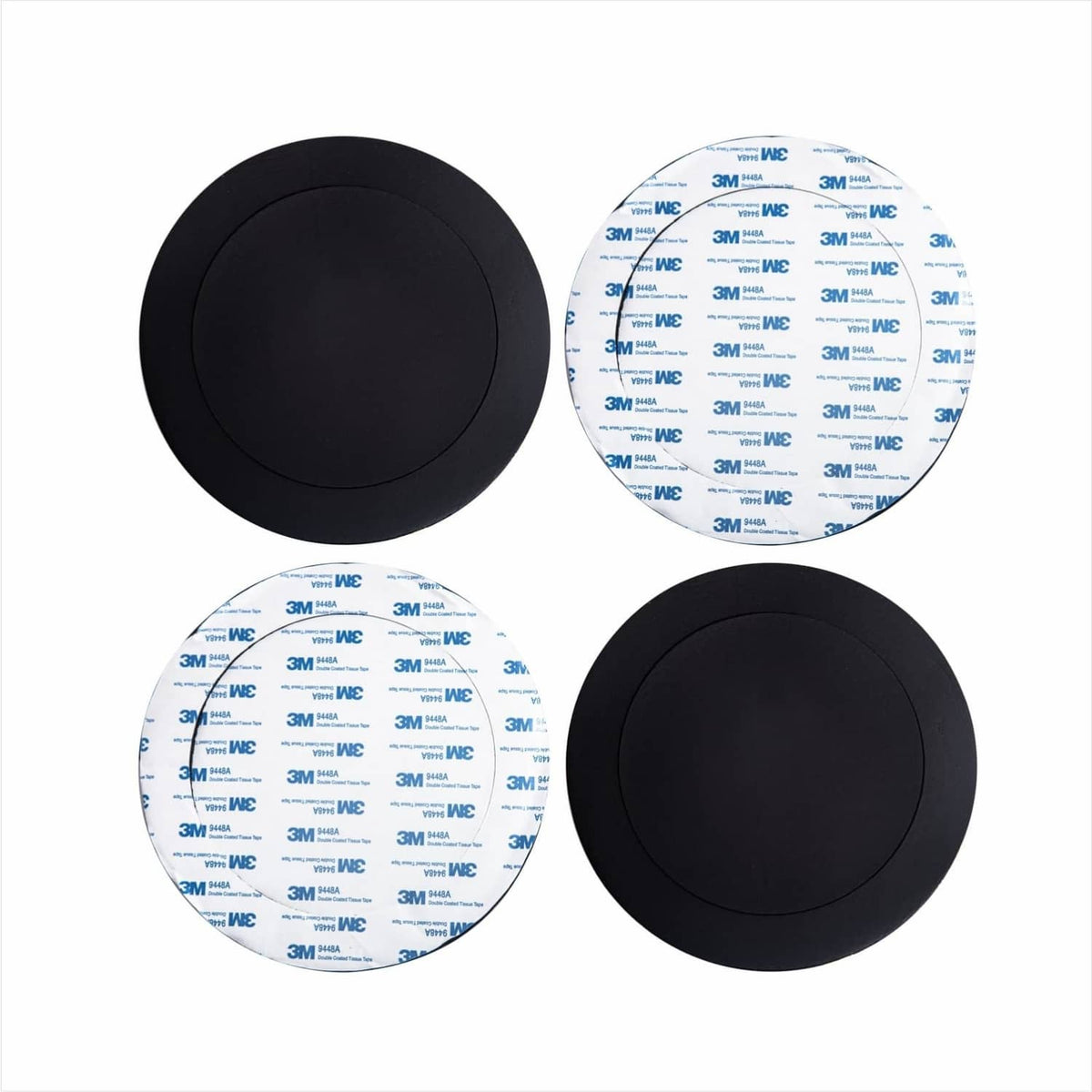 Four black round speaker foam rings with white adhesive backing pads
