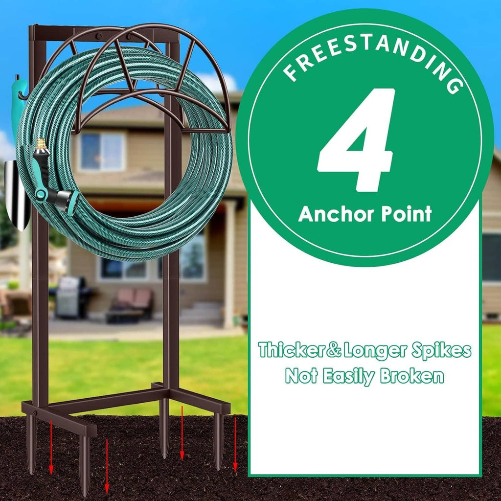 Bronze hose holder with teal hose coil and four long spikes for anchoring