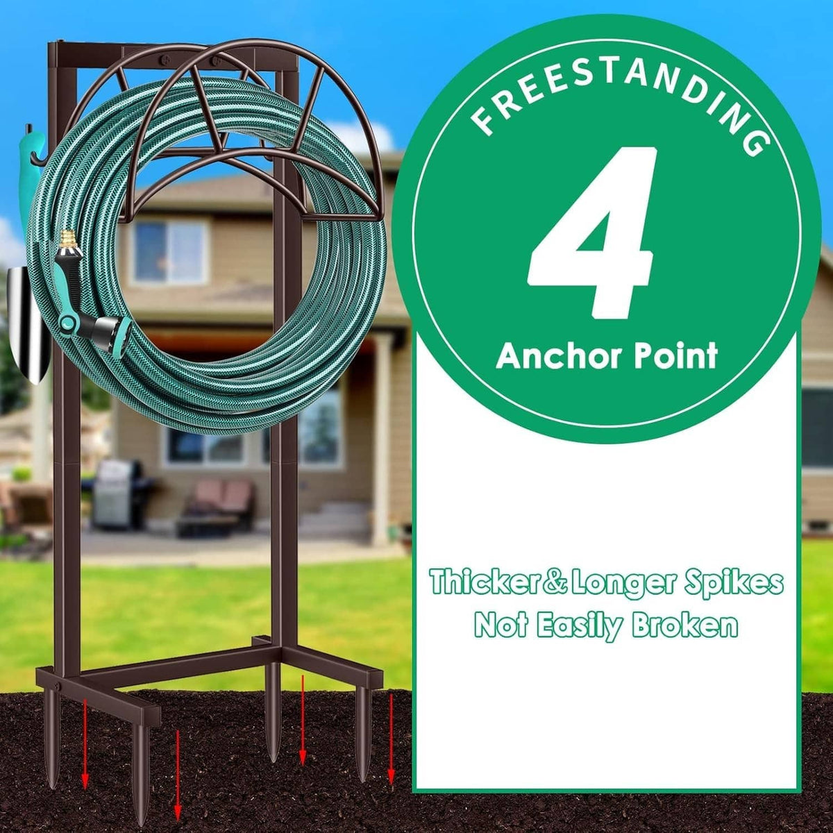 Bronze hose holder with teal hose coil and four long spikes for anchoring
