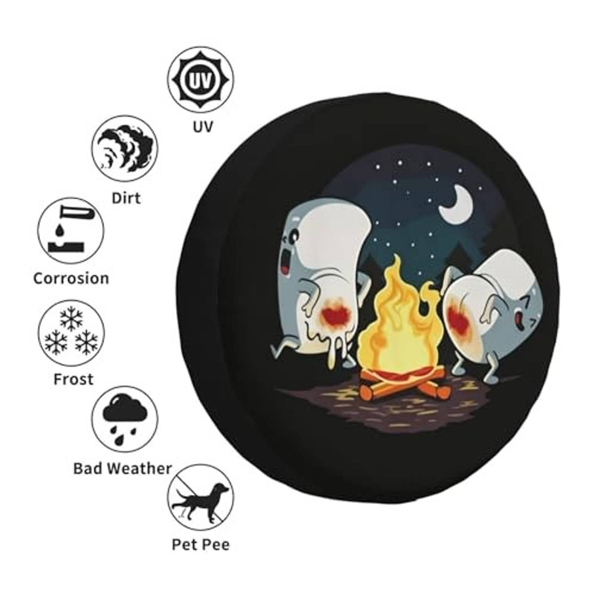 Spare tire cover with campfire animal graphic; protective UV and weather icons
