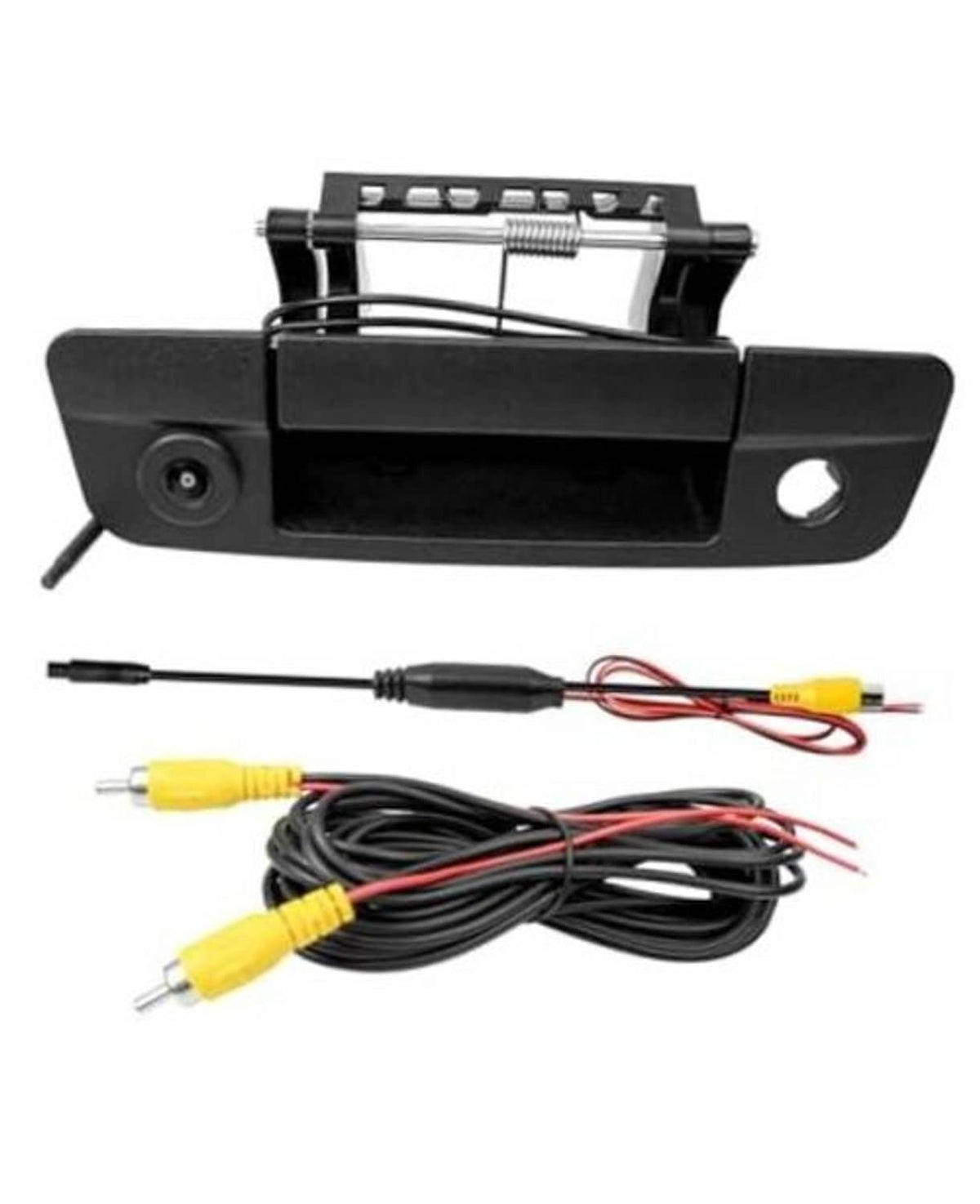 Tailgate handle backup camera with black housing, mounting bracket, and wiring harness