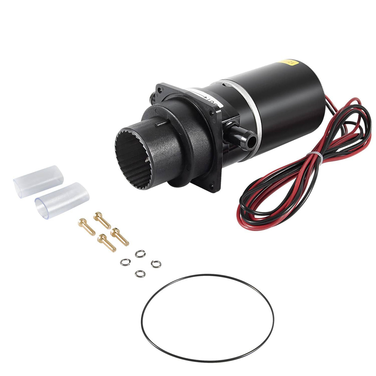 Toilet macerator motor kit with wires, outlet collar, gaskets, and small hardware